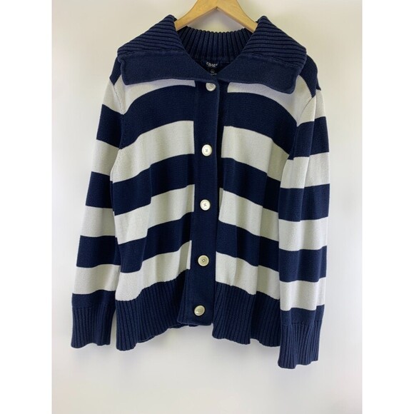 Chaps Cardigan Sweater Button Collared Navy Blue White Striped Cotton Womens 2X - Picture 1 of 12
